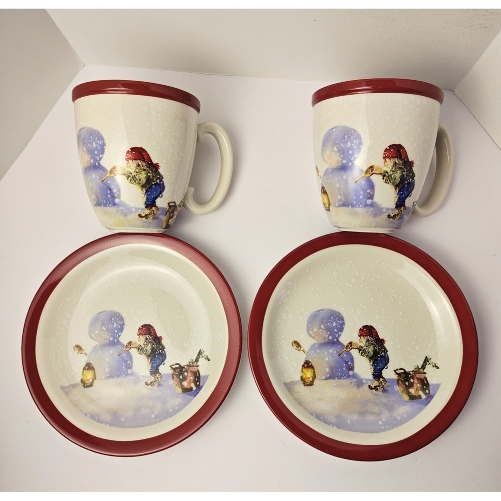 Williams Sonoma Nordic Elf Mug & Dessert Plate Set for 2, Elf Decorating Snowman